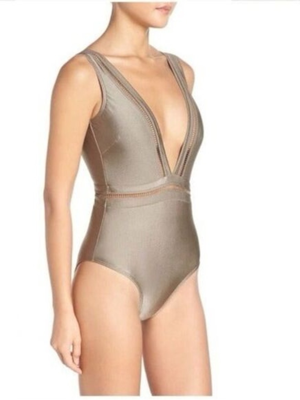 Ted Baker Metallic Olive/Taupe Plunge One-Piece Swimsuit